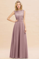 Exquisite Scoop Chiffon Lace Bridesmaid Dresses with V-Back-Babyonlines
