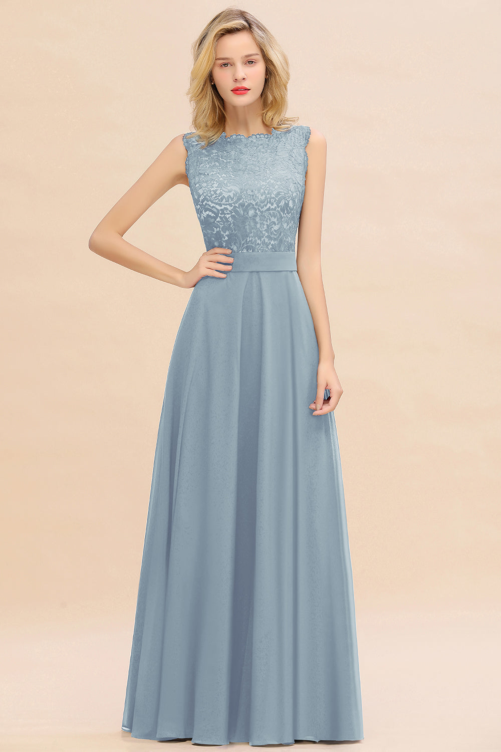 Exquisite Scoop Chiffon Lace Bridesmaid Dresses with V-Back-Babyonlines