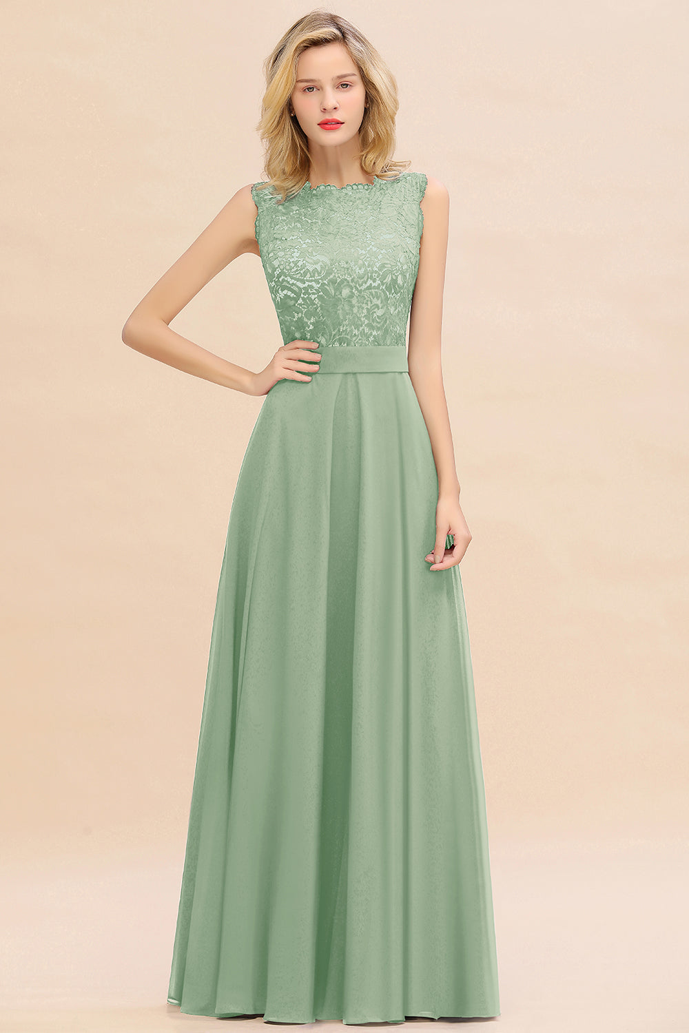 Exquisite Scoop Chiffon Lace Bridesmaid Dresses with V-Back-Babyonlines