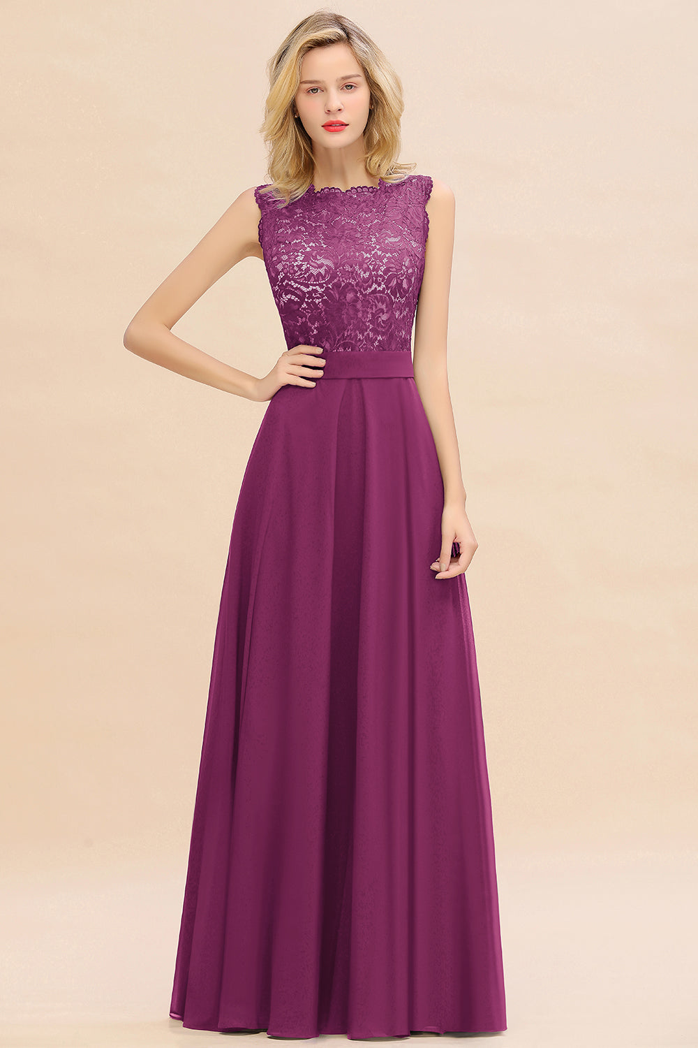Exquisite Scoop Chiffon Lace Bridesmaid Dresses with V-Back-Babyonlines
