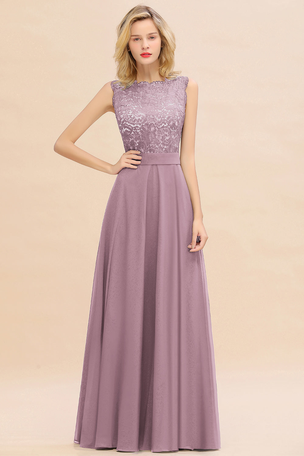 Exquisite Scoop Chiffon Lace Bridesmaid Dresses with V-Back-Babyonlines