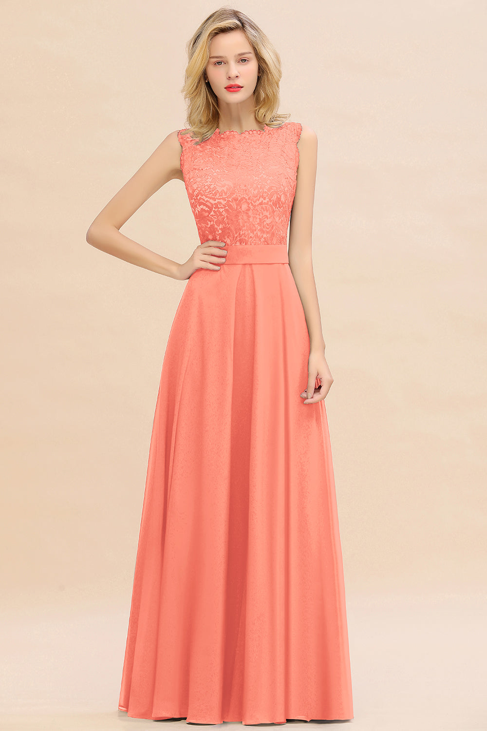 Exquisite Scoop Chiffon Lace Bridesmaid Dresses with V-Back-Babyonlines