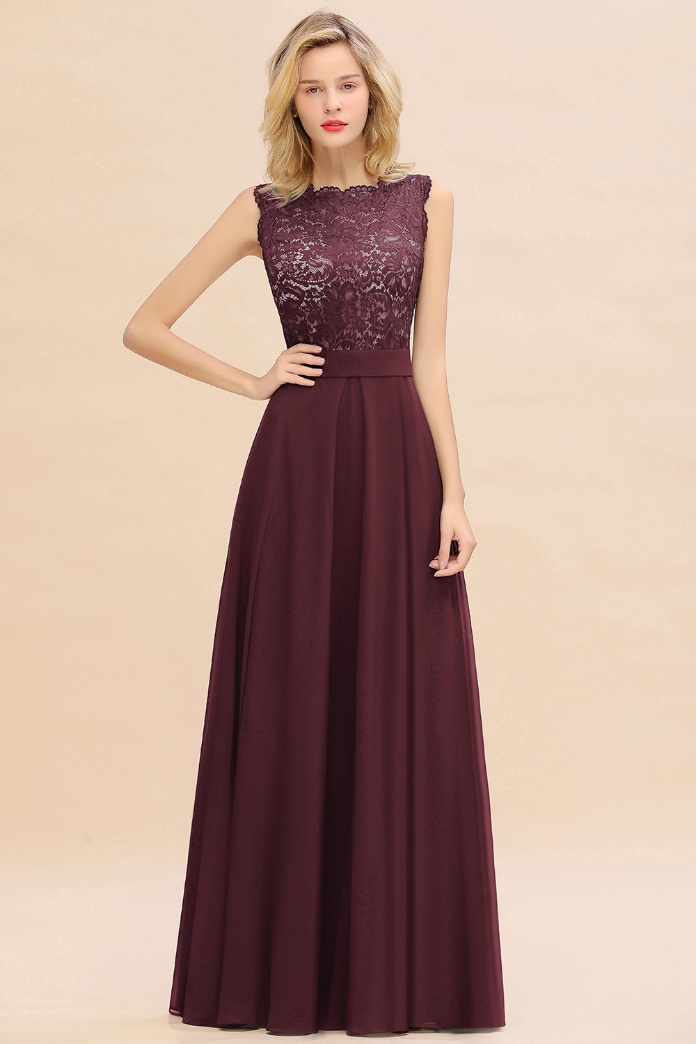 Exquisite Scoop Chiffon Lace Bridesmaid Dresses with V-Back-Babyonlines