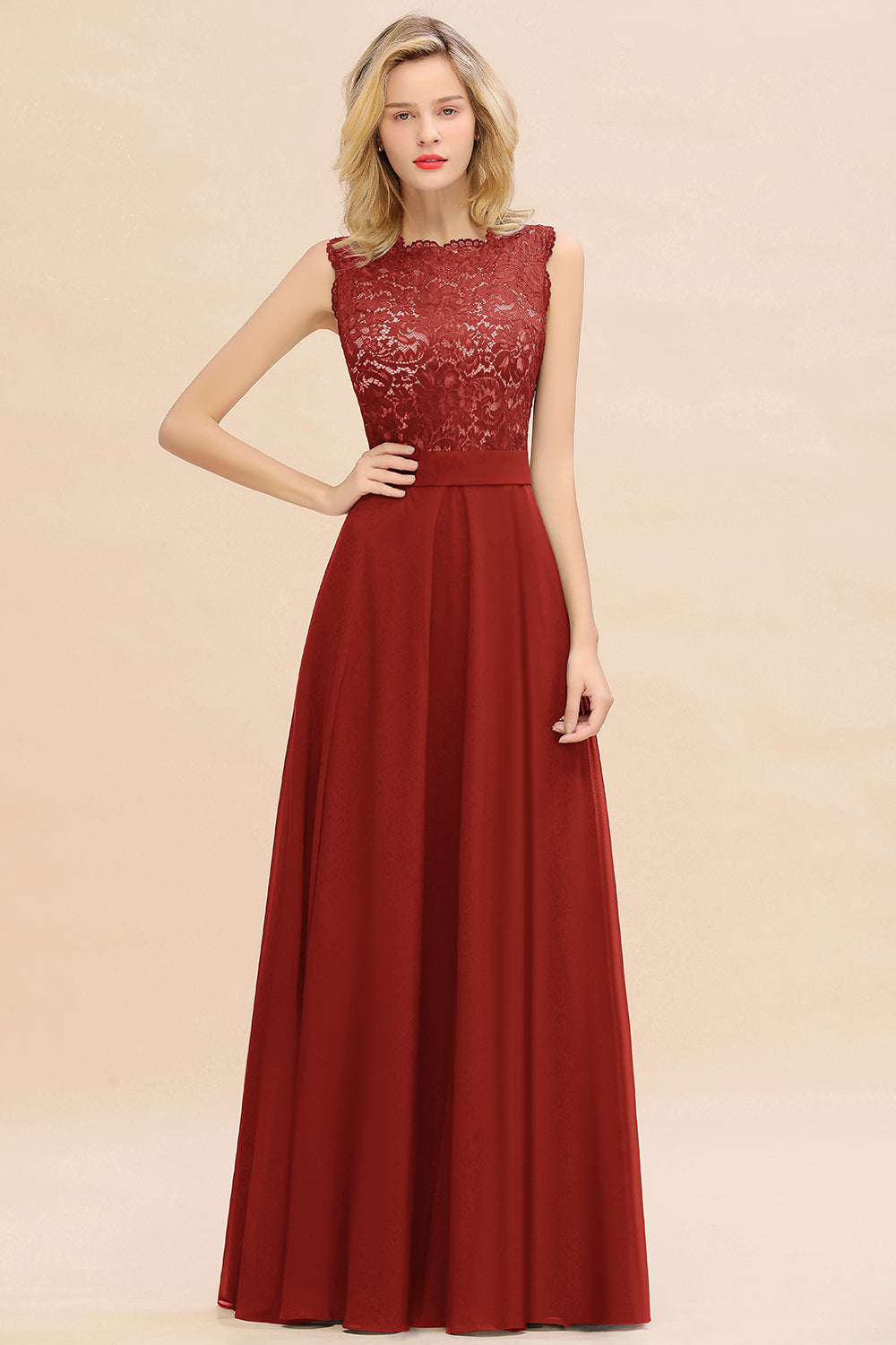Exquisite Scoop Chiffon Lace Bridesmaid Dresses with V-Back-Babyonlines