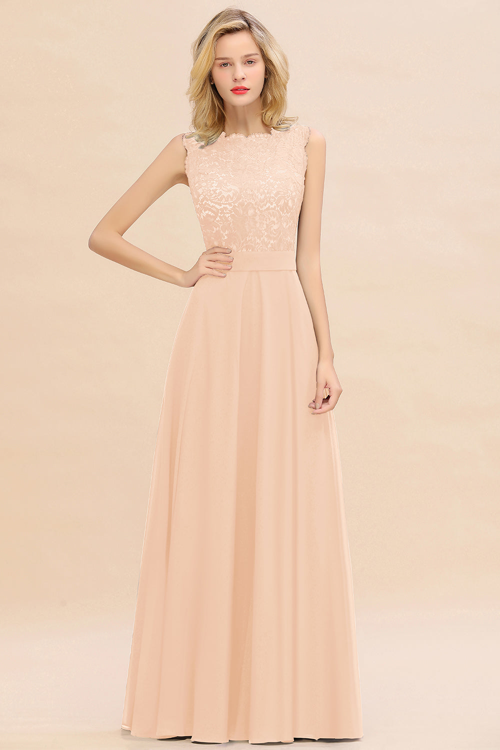 Exquisite Scoop Chiffon Lace Bridesmaid Dresses with V-Back-Babyonlines