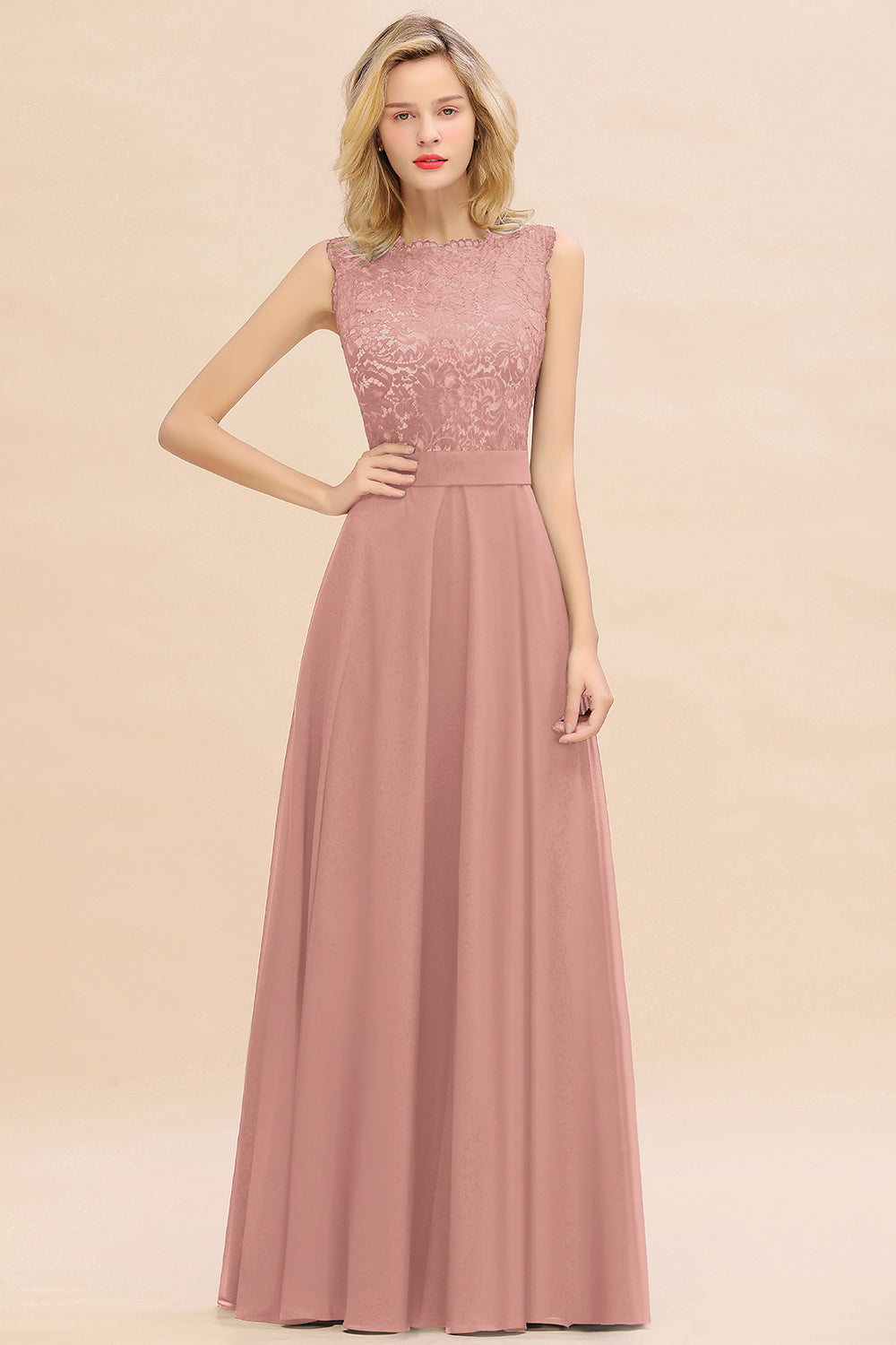 Exquisite Scoop Chiffon Lace Bridesmaid Dresses with V-Back-Babyonlines