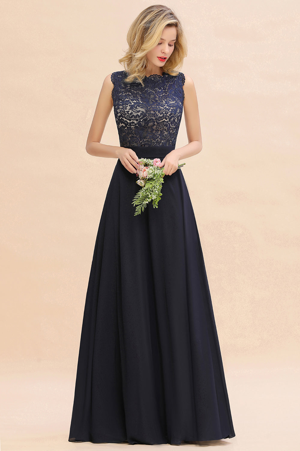 Exquisite Scoop Chiffon Lace Bridesmaid Dresses with V-Back-Babyonlines