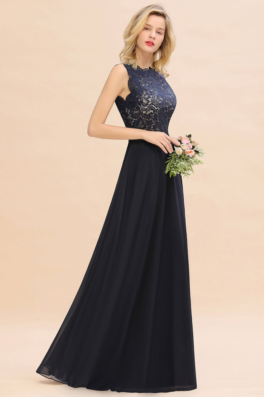 Exquisite Scoop Chiffon Lace Bridesmaid Dresses with V-Back-Babyonlines