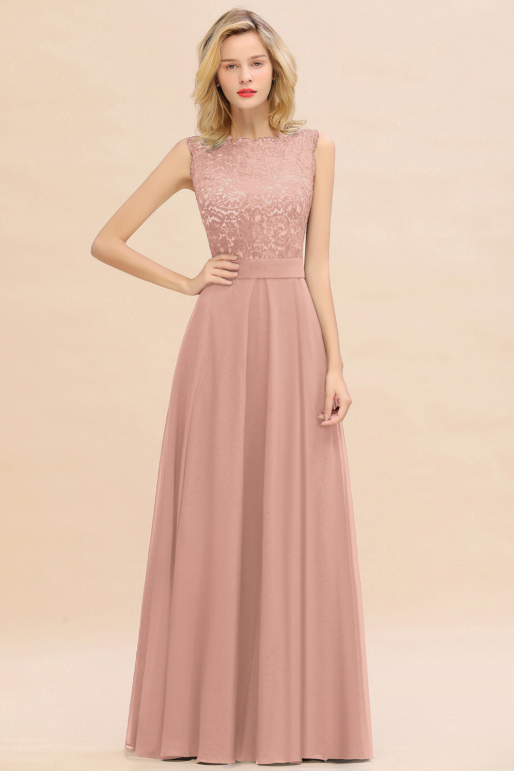 Exquisite Scoop Chiffon Lace Bridesmaid Dresses with V-Back-Babyonlines