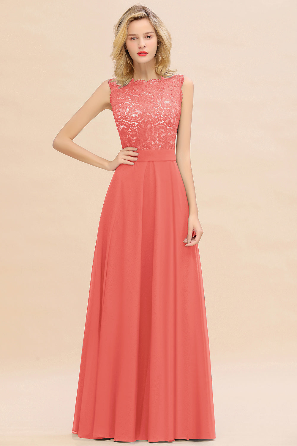 Exquisite Scoop Chiffon Lace Bridesmaid Dresses with V-Back-Babyonlines