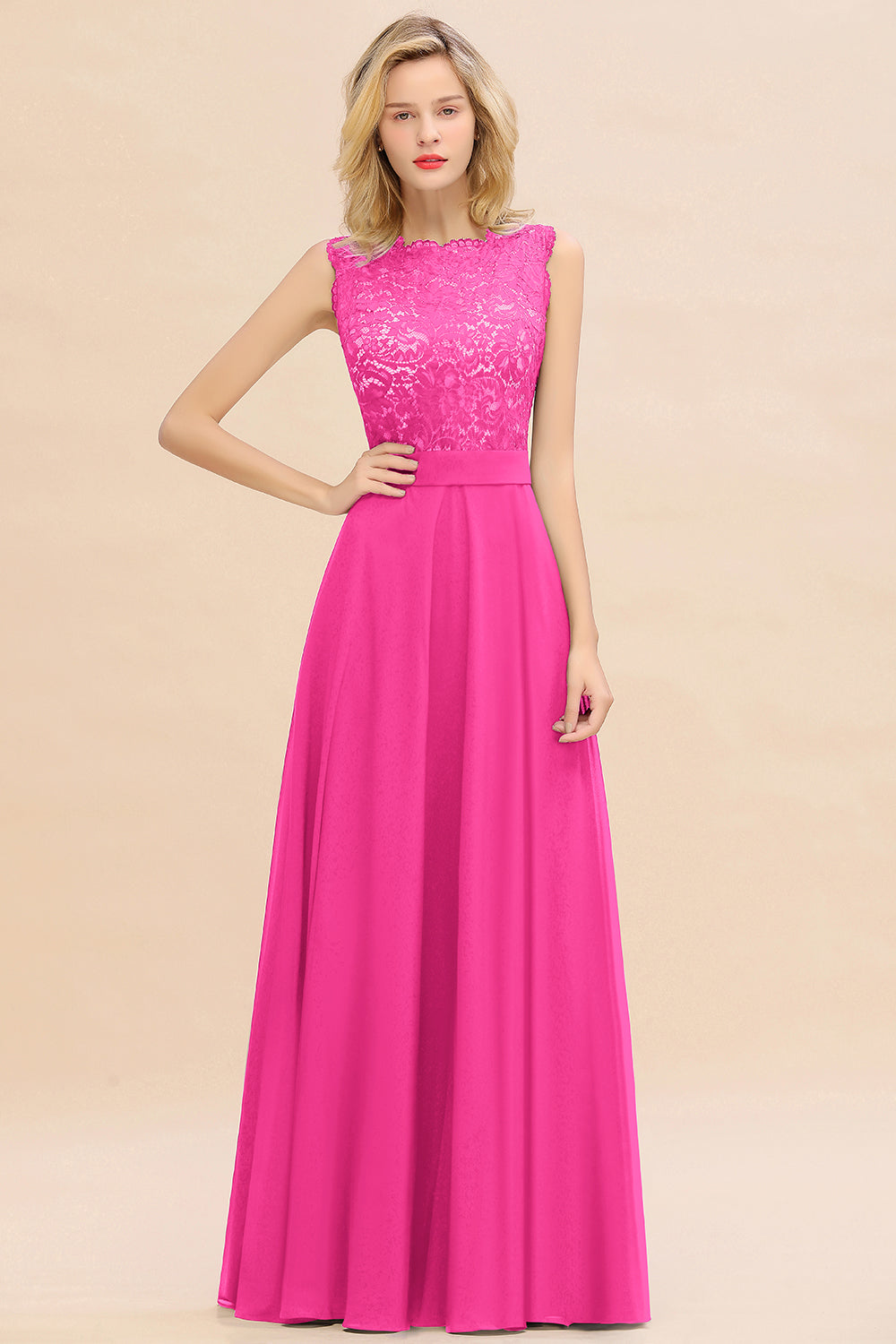 Exquisite Scoop Chiffon Lace Bridesmaid Dresses with V-Back-Babyonlines