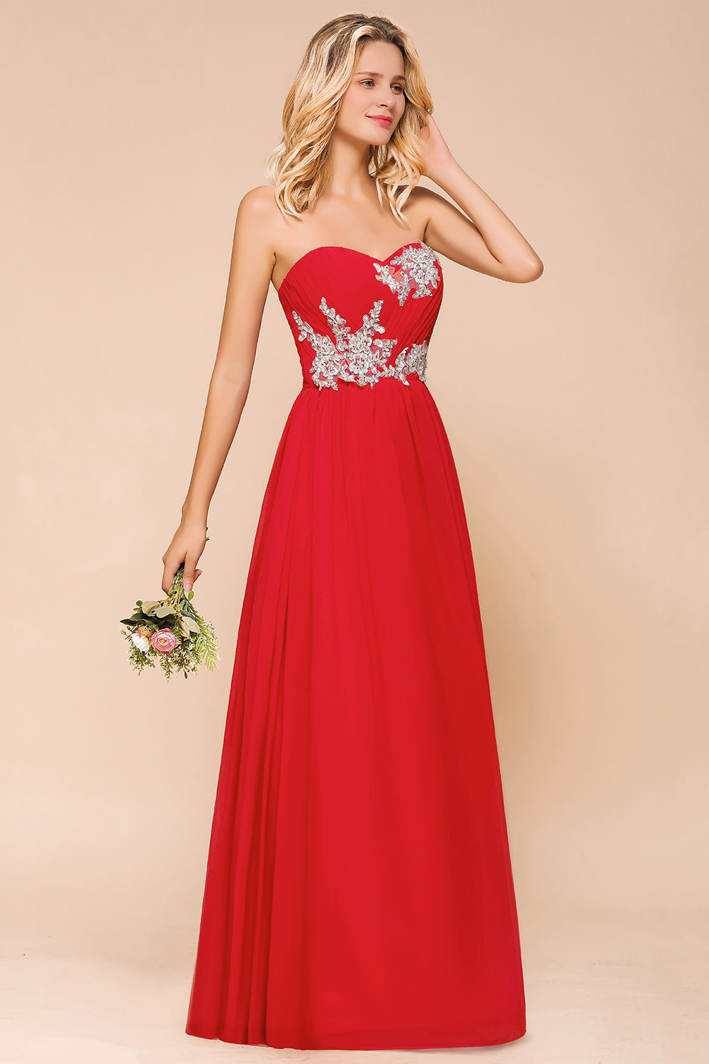 Exuqisite Sweetheart Ruffle Red Bridesmaid Dresses with Appliques-Babyonlines