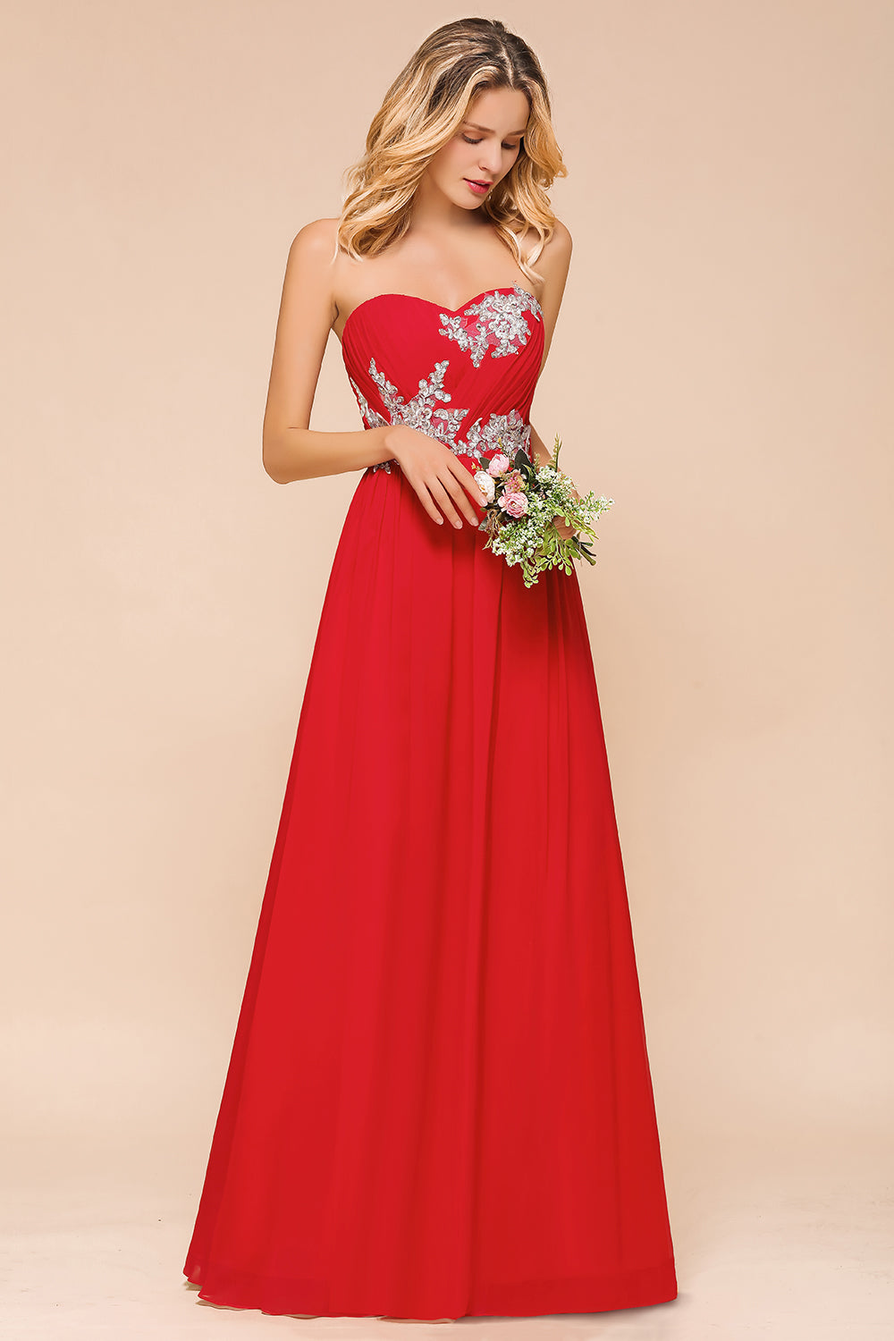 Exuqisite Sweetheart Ruffle Red Bridesmaid Dresses with Appliques-Babyonlines