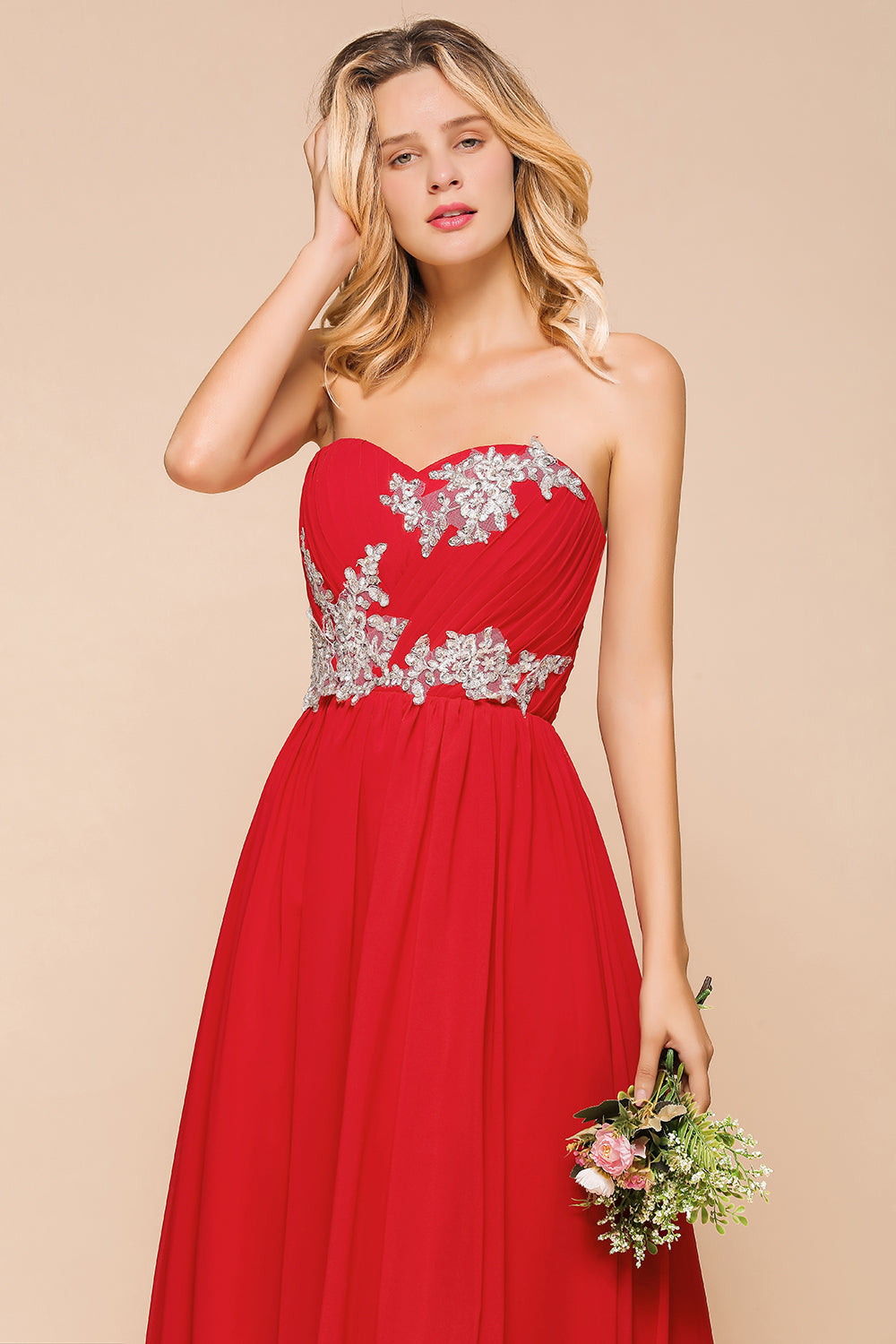 Exuqisite Sweetheart Ruffle Red Bridesmaid Dresses with Appliques-Babyonlines