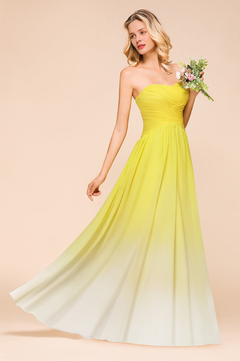 Fashionable Sweetheart Ruffle Yellow Ombre Bridesmaid Dress-Babyonlines