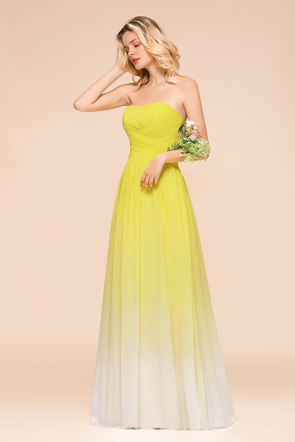 Fashionable Sweetheart Ruffle Yellow Ombre Bridesmaid Dress-Babyonlines