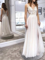 Floor-length V-neck Tulle Ball Gown Wedding Dress With Split Front