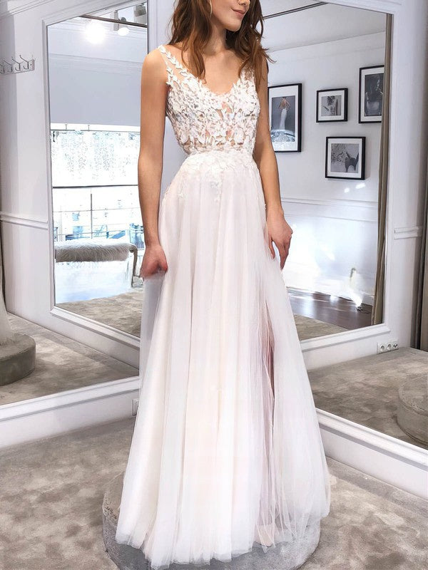 Floor-length V-neck Tulle Ball Gown Wedding Dress With Split Front