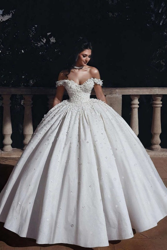 Flower Embellished Off-the-shoulder Ball Gown Satin Wedding Dress