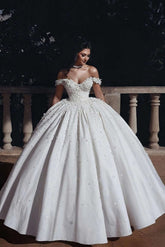 Flower Embellished Off-the-shoulder Ball Gown Satin Wedding Dress