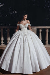 Flower Embellished Off-the-shoulder Ball Gown Satin Wedding Dress