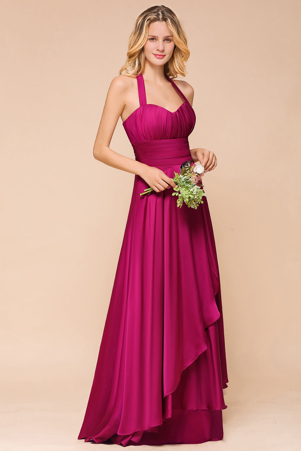 Fuchsia Halter Chiffon Bridesmaid Dresses Long Online-Babyonlines