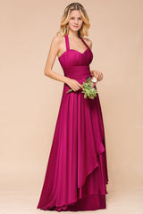 Fuchsia Halter Chiffon Bridesmaid Dresses Long Online-Babyonlines