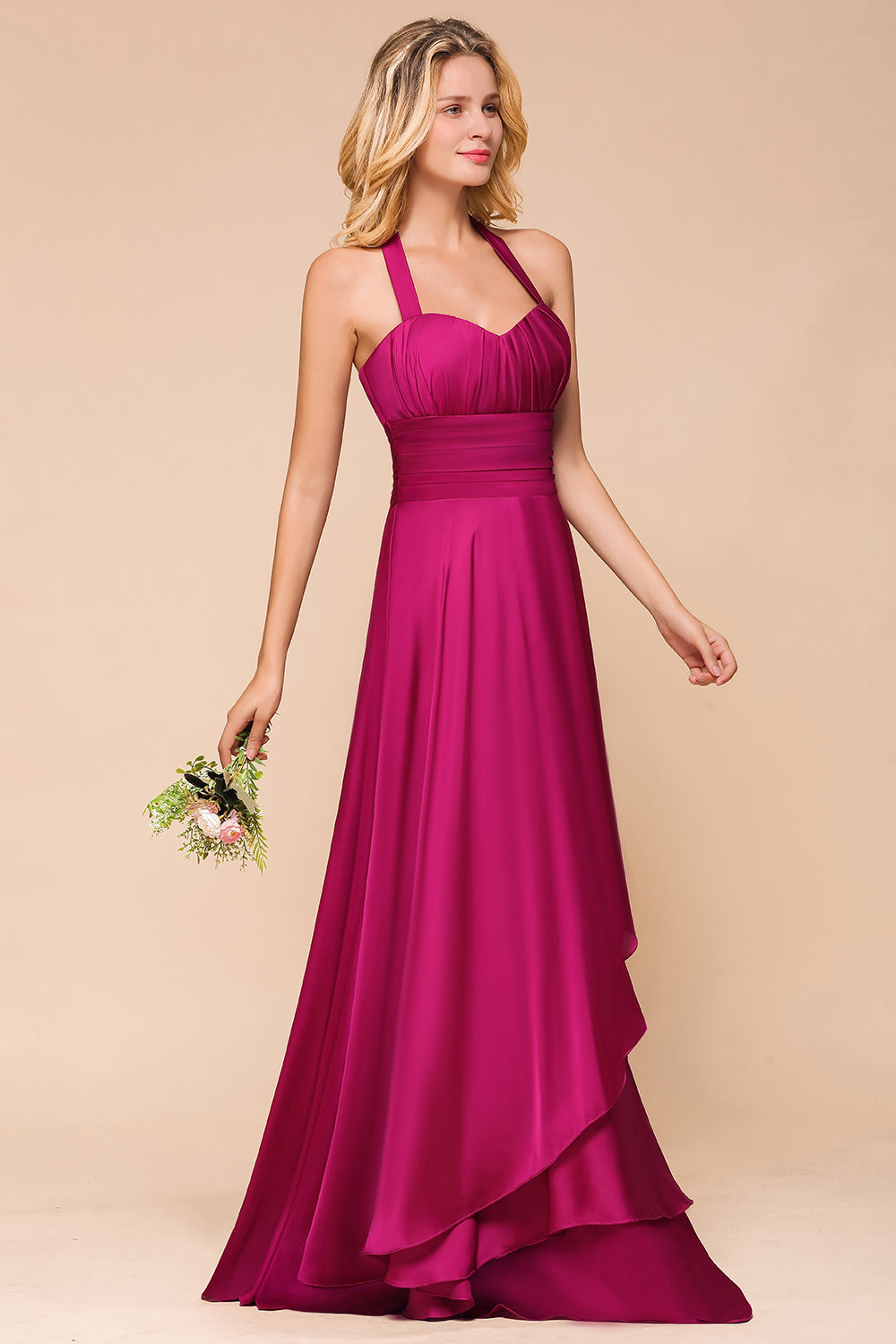 Fuchsia Halter Chiffon Bridesmaid Dresses Long Online-Babyonlines
