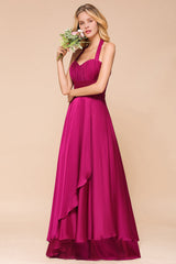 Fuchsia Halter Chiffon Bridesmaid Dresses Long Online-Babyonlines