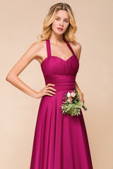 Fuchsia Halter Chiffon Bridesmaid Dresses Long Online-Babyonlines