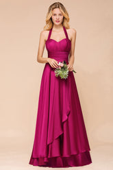 Fuchsia Halter Chiffon Bridesmaid Dresses Long Online-Babyonlines