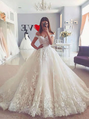 Glamorous Ball Gown Off-the-shoulder Tulle Floor-length Wedding Dresses With Appliques Lace