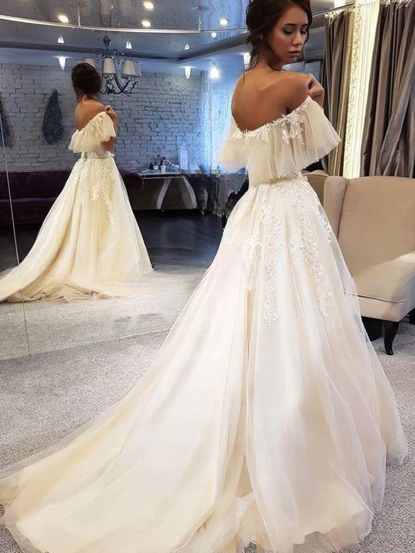 Glamorous Off-the-Shoulder Tulle Ball Gown With Appliques & Lace Sweep Train Wedding Dress