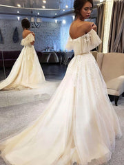 Glamorous Off-the-Shoulder Tulle Ball Gown With Appliques & Lace Sweep Train Wedding Dress