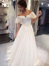 Glamorous Off-the-Shoulder Tulle Ball Gown With Appliques & Lace Sweep Train Wedding Dress