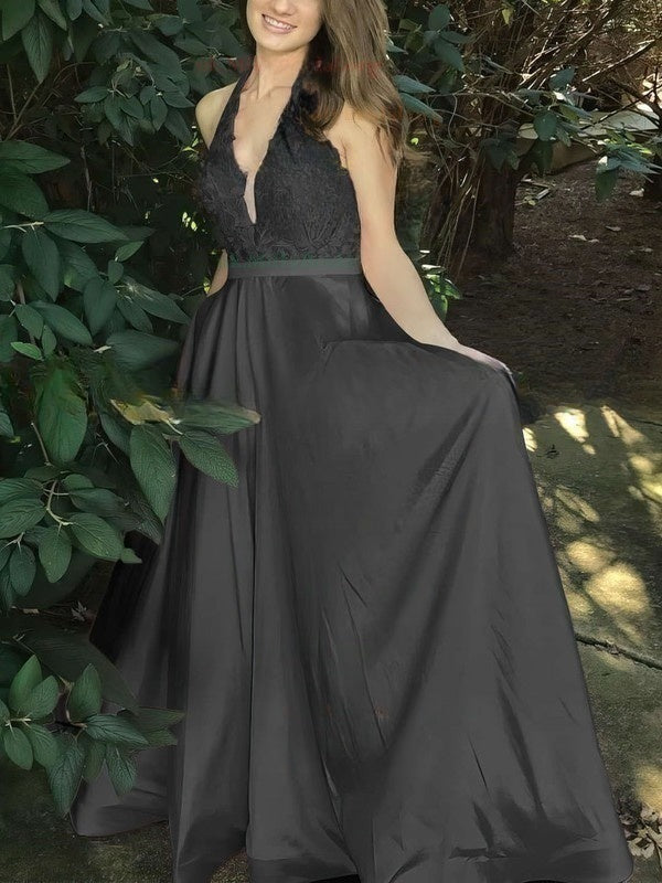 Glamorous Princess Halter Satin Sweep Train Appliques Lace Prom Dress