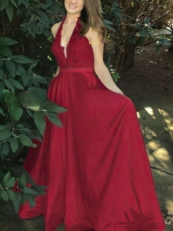 Glamorous Princess Halter Satin Sweep Train Appliques Lace Prom Dress