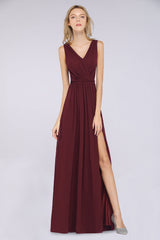 Glamorous TulleV-Neck Ruffle Burgundy Bridesmaid Dress Online-Babyonlines