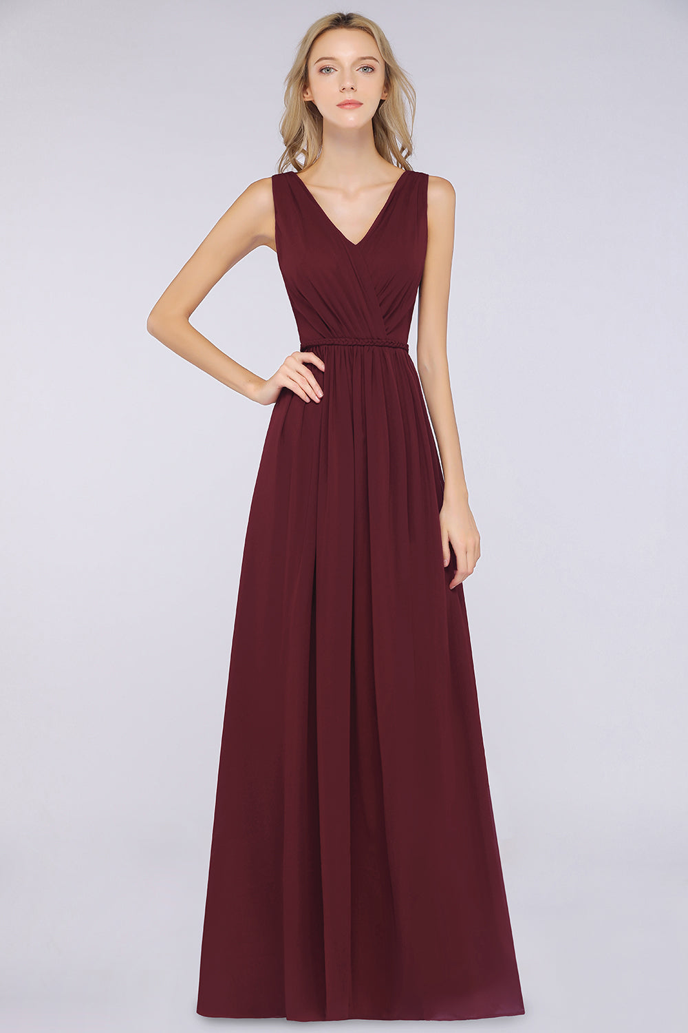 Glamorous TulleV-Neck Ruffle Burgundy Bridesmaid Dress Online-Babyonlines
