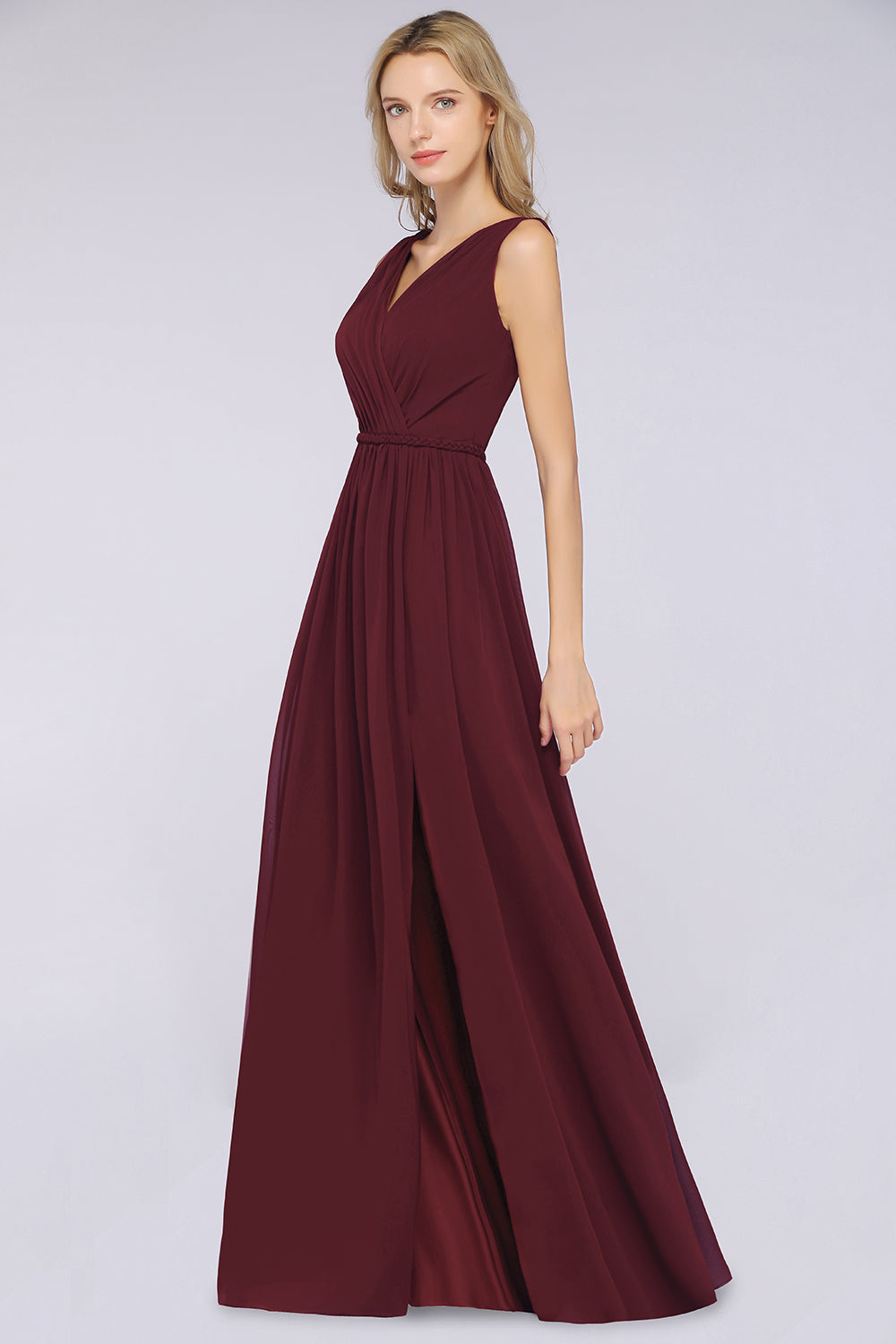 Glamorous TulleV-Neck Ruffle Burgundy Bridesmaid Dress Online-Babyonlines