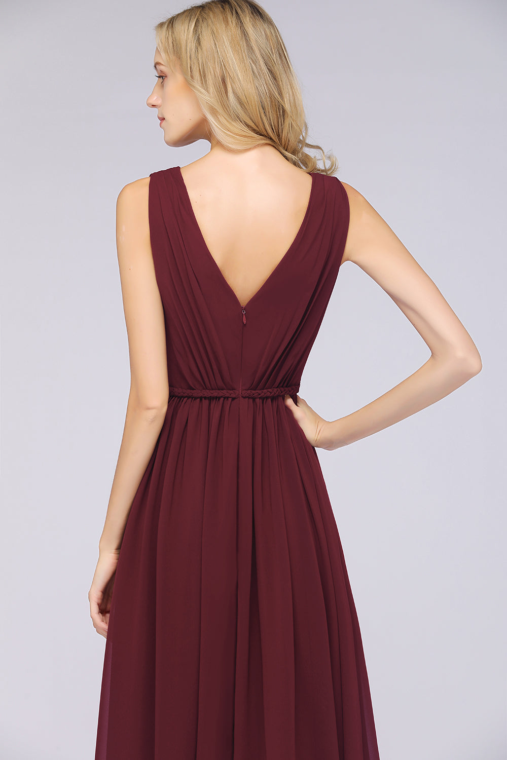 Glamorous TulleV-Neck Ruffle Burgundy Bridesmaid Dress Online-Babyonlines