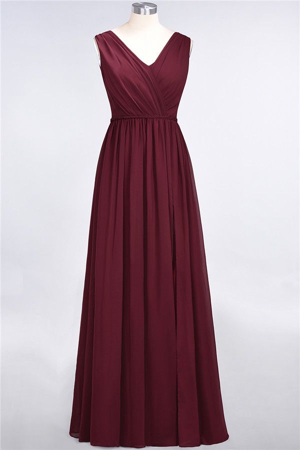 Glamorous TulleV-Neck Ruffle Burgundy Bridesmaid Dress Online-Babyonlines