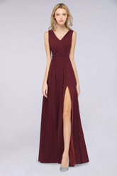 Glamorous TulleV-Neck Ruffle Burgundy Bridesmaid Dress Online-Babyonlines