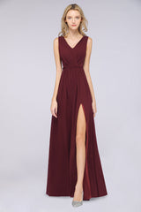 Glamorous TulleV-Neck Ruffle Burgundy Bridesmaid Dress Online-Babyonlines