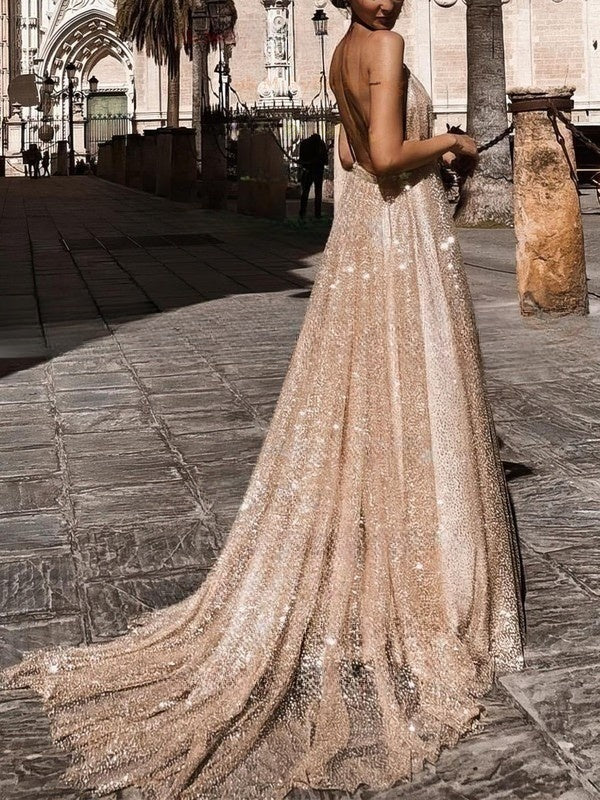 Glimmer in A-line Sweep Train V-neck Prom Dresses