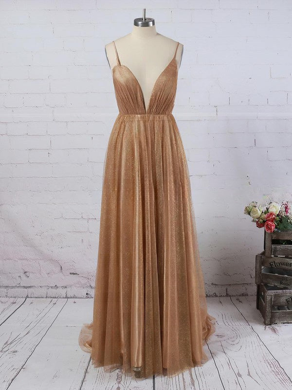 Glimmer in A-line Sweep Train V-neck Prom Dresses