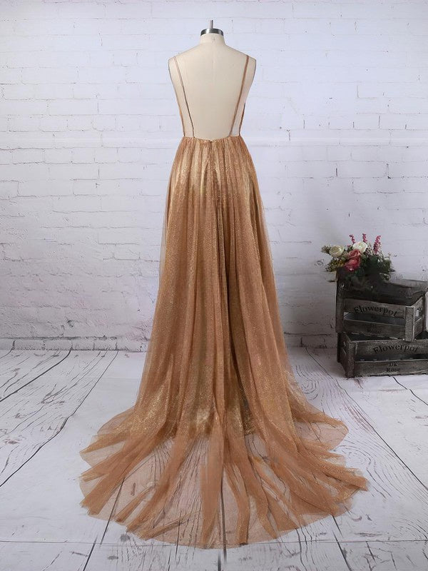 Glimmer in A-line Sweep Train V-neck Prom Dresses