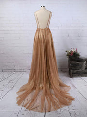 Glimmer in A-line Sweep Train V-neck Prom Dresses