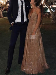 Glimmer in A-line Sweep Train V-neck Prom Dresses