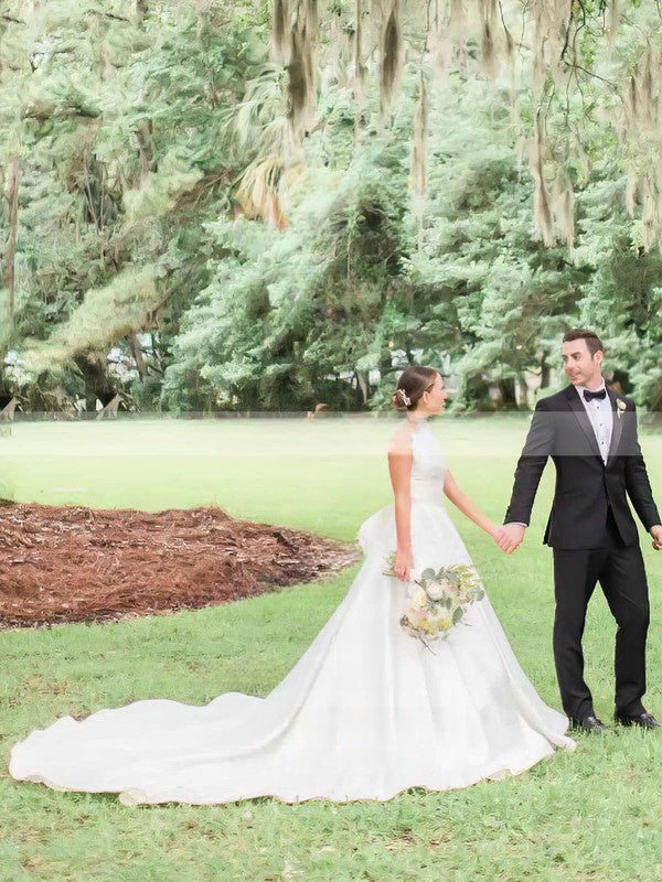 Gorgeous Ball Gown Scoop Neck Satin Court Train Wedding Dress With Bow